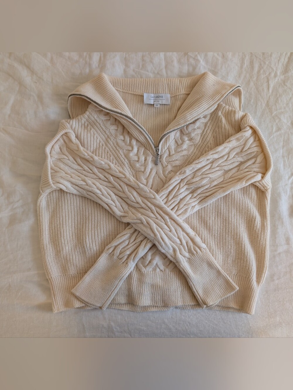 La Ligne Bastien Cream Cable-Knit Quarter-Zip Turtleneck Sweater, XS
